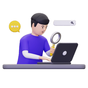 Male character using a humorously magnifying glass to search a computer screen for hearing aid benefits
