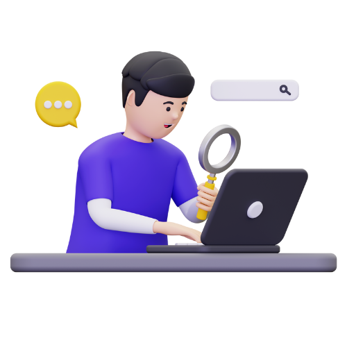 male character using a magnifying glass to look at a computer screen.