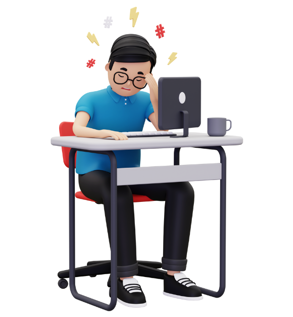 male character at a desk with a computer feeling overwhelmed