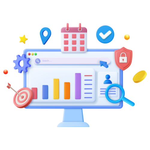 icon computer screen with charts, calendar, and target KPIs