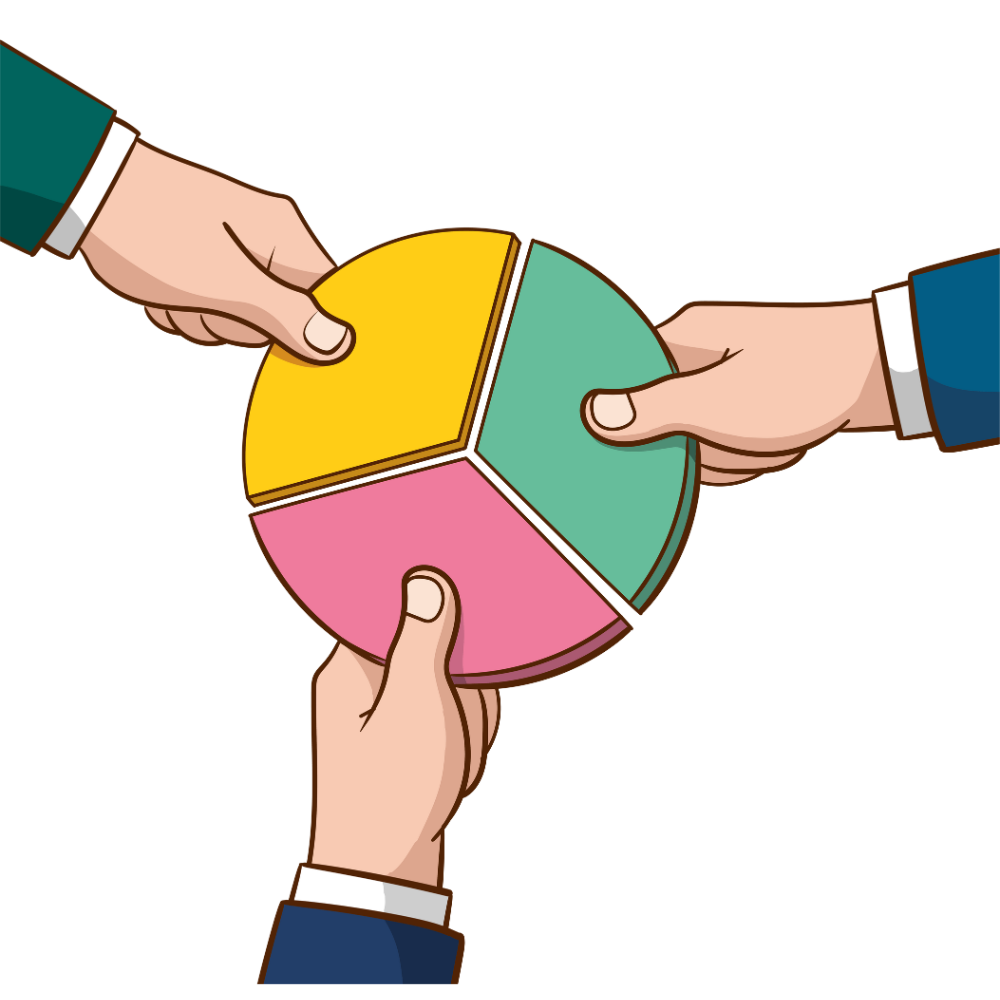 a pie split into 3 pieces with a different hand grabbing a piece representing hearing aid market share
