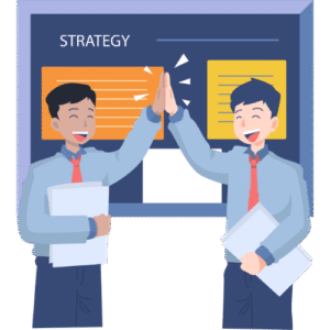 2 characters high-fiving in front of a board that says strategy