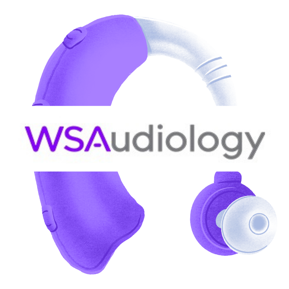 purple hearing aid with wsa logo overlay
