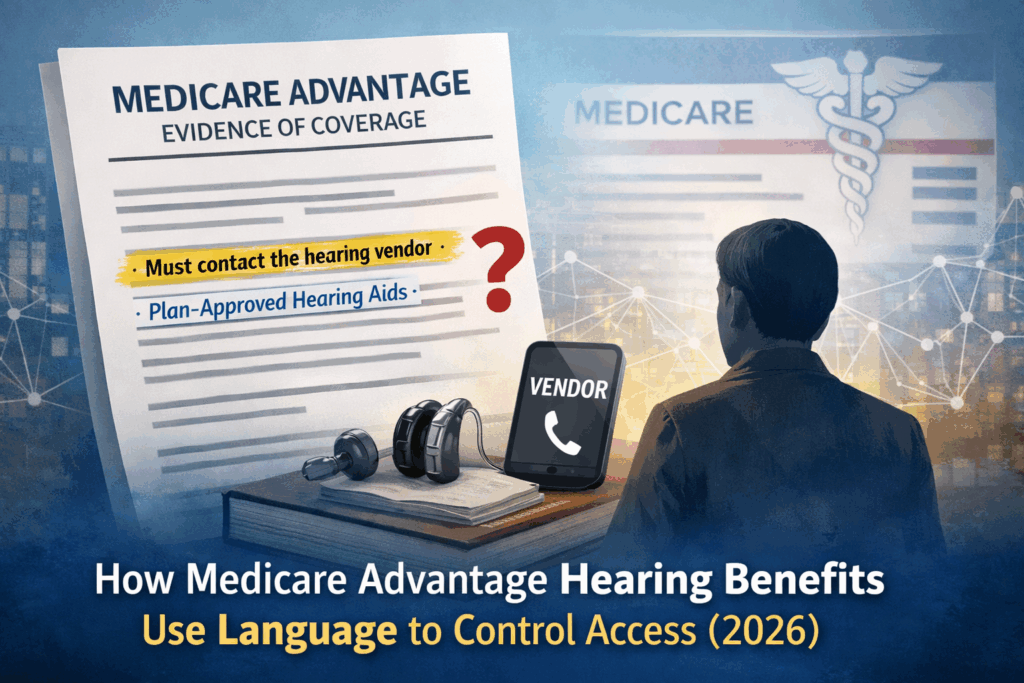 Male reading 2026 Medicare advantage evidence of coverage document for hearing aid benefits