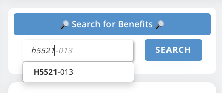 HearShield Pro search field showing CMS contract ID entry with autocomplete suggestion for Medicare Advantage plan lookup