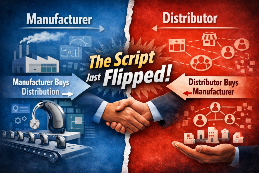 Infographic illustrating Amplifon acquiring GN Hearing (ReSound) and the shift from manufacturer-controlled distribution to distributor ownership of a hearing aid manufacturer.