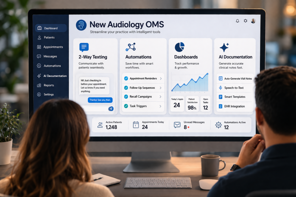 Audiology Practice Management Software Dashboard with Automations and AI Documentation